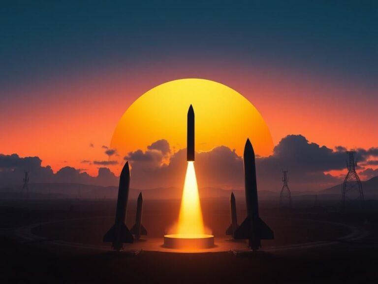Flick International A futuristic military landscape featuring a massive, gleaming missile defense shield under a twilight sky
