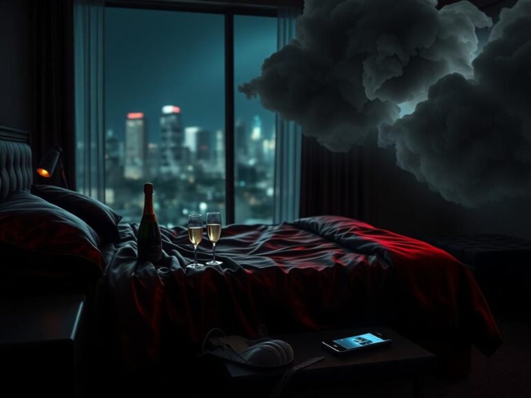 Flick International A dimly lit hotel room with luxurious decor and dark satin sheets, indicating emotional turmoil.