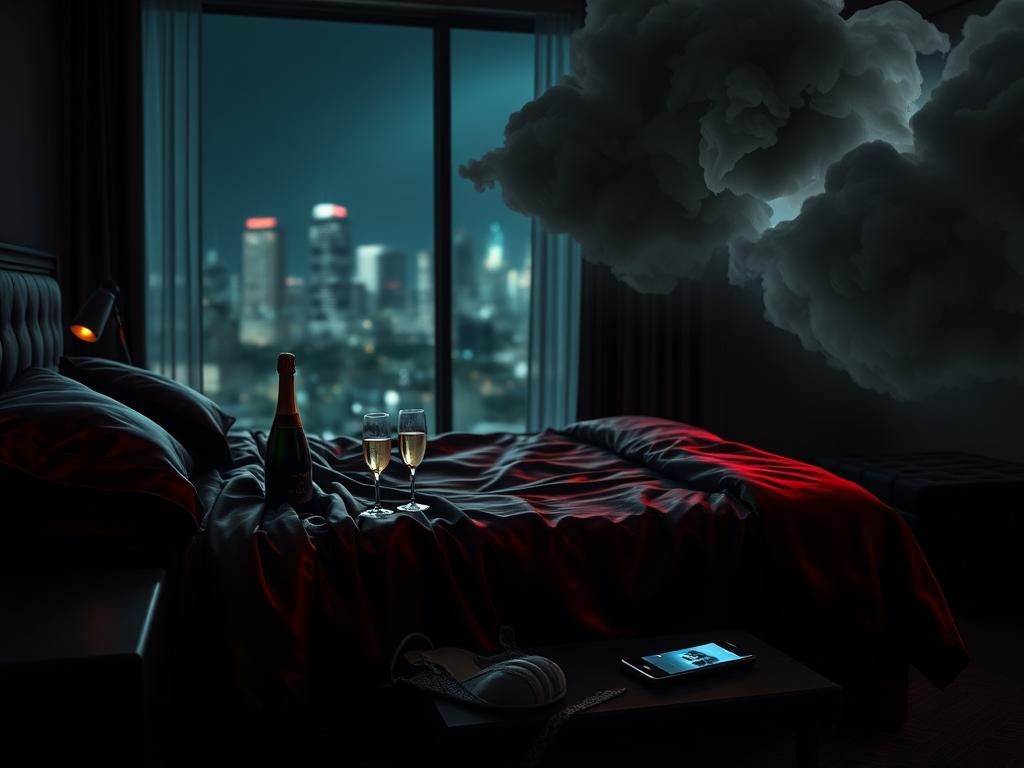 Flick International A dimly lit hotel room with luxurious decor and dark satin sheets, indicating emotional turmoil.