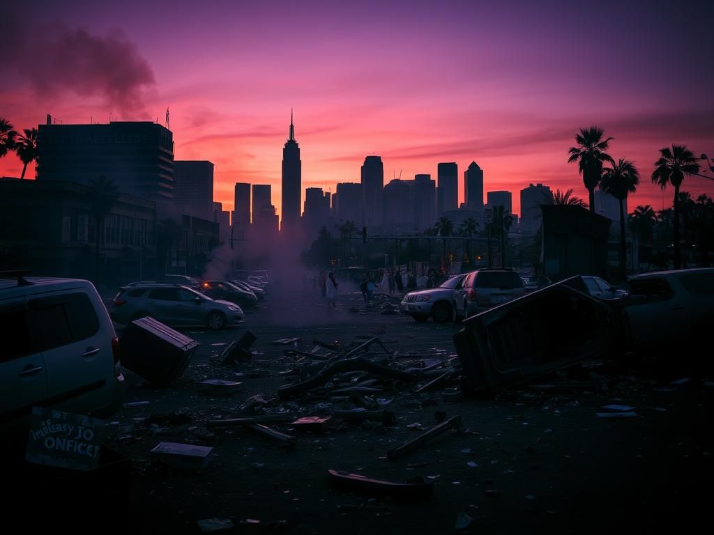 Flick International Urban aftermath of a Los Angeles riot with debris and overturned vehicles