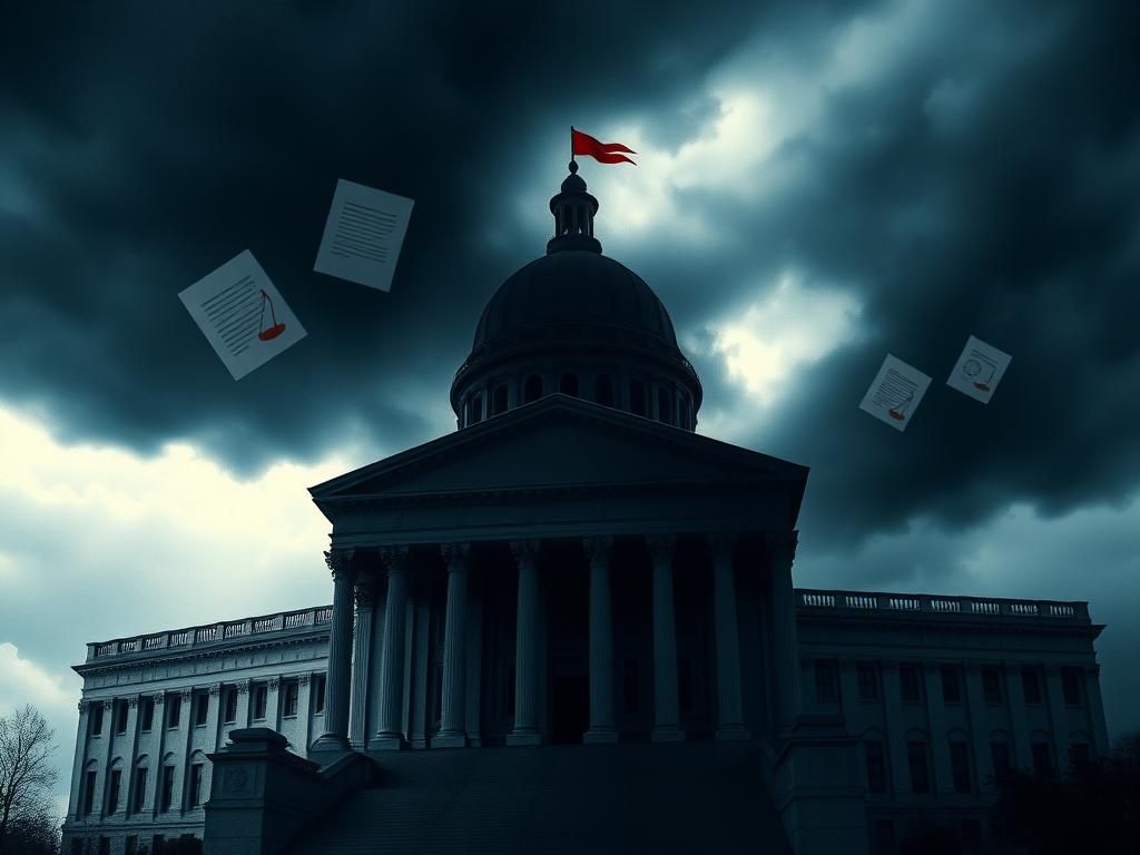 Flick International Dramatic representation of a federal building symbolizing government authority and judicial tension