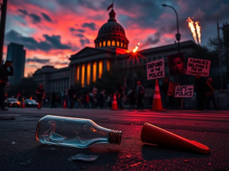 Flick International Urban scene depicting a dusk protest with shattered glass and protest signs