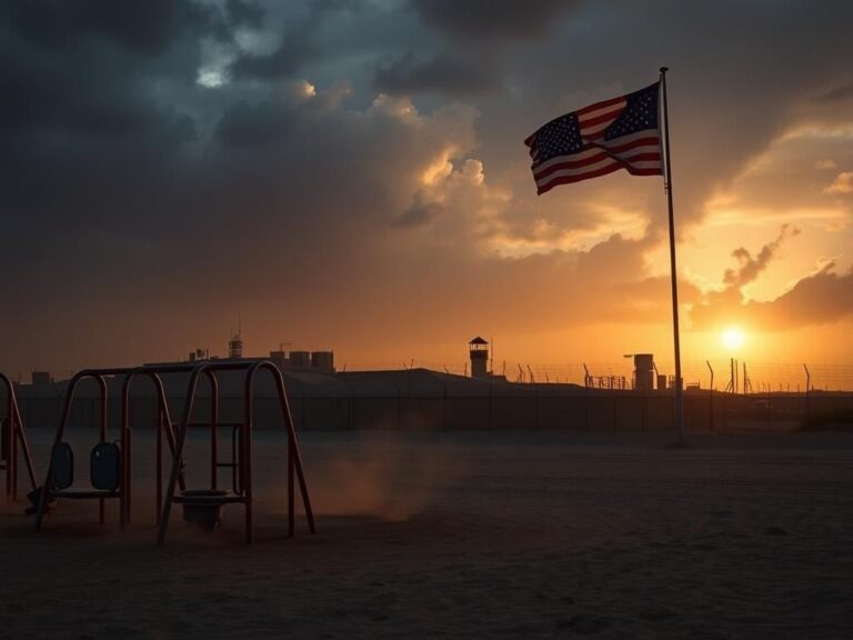 Flick International Panoramic view of a military base in the Middle East at twilight with abandoned playground equipment