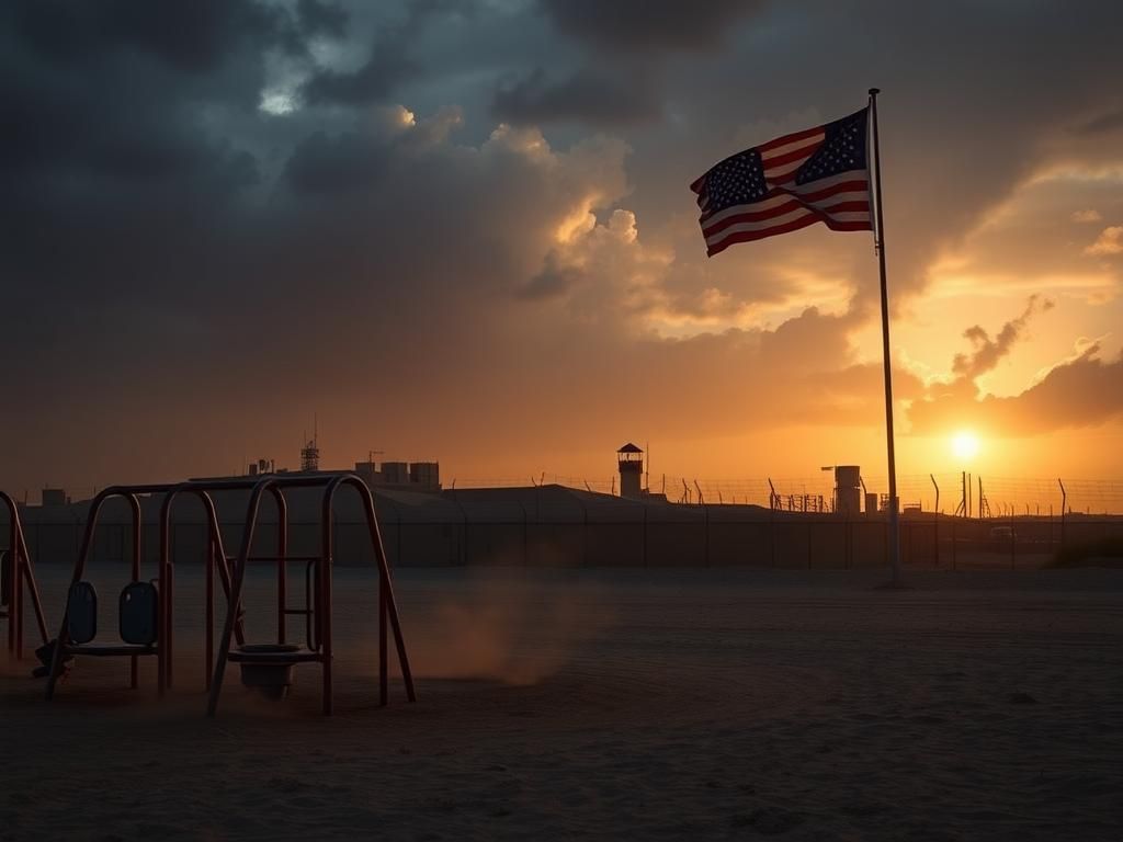 Flick International Panoramic view of a military base in the Middle East at twilight with abandoned playground equipment