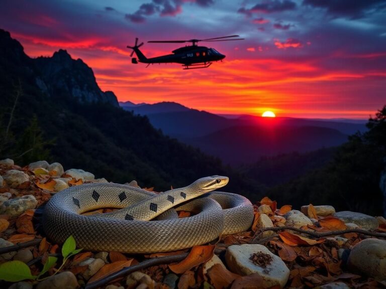 Flick International Timber rattlesnake coiled among rocks in western North Carolina wilderness