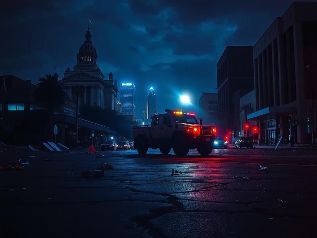 Flick International Darkened Los Angeles street with protest remnants and National Guard vehicle under neon lights