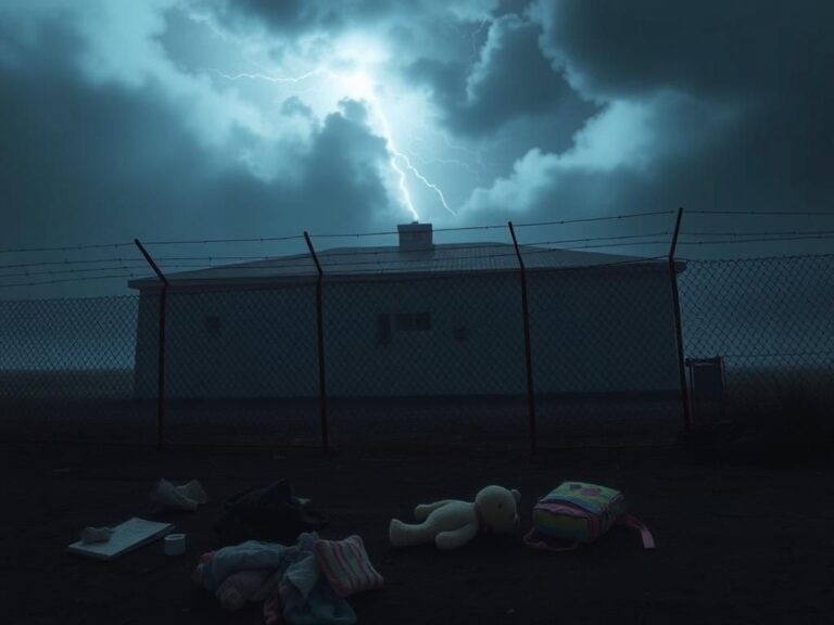 Flick International Somber exterior of a migrant shelter facility in Massachusetts shrouded in fog