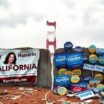Flick International A divided California landscape featuring the Golden Gate Bridge with political campaign posters for Kamala Harris