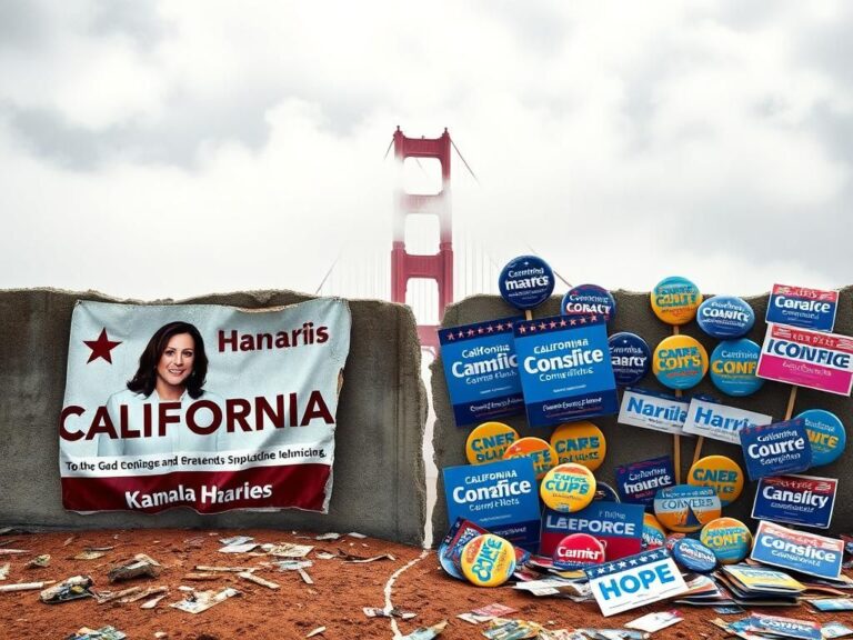 Flick International A divided California landscape featuring the Golden Gate Bridge with political campaign posters for Kamala Harris