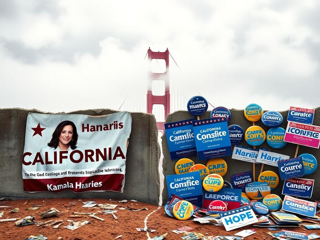 Flick International A divided California landscape featuring the Golden Gate Bridge with political campaign posters for Kamala Harris