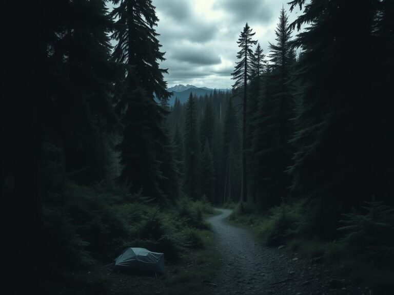 Flick International Dense forest in Washington wilderness depicting a rugged terrain and scattered camping gear