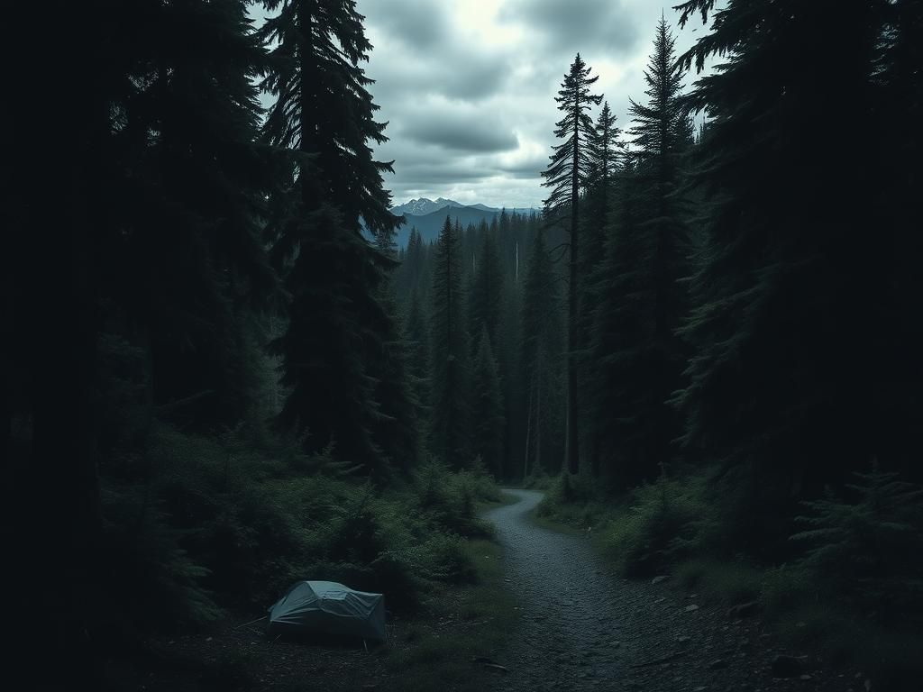 Flick International Dense forest in Washington wilderness depicting a rugged terrain and scattered camping gear