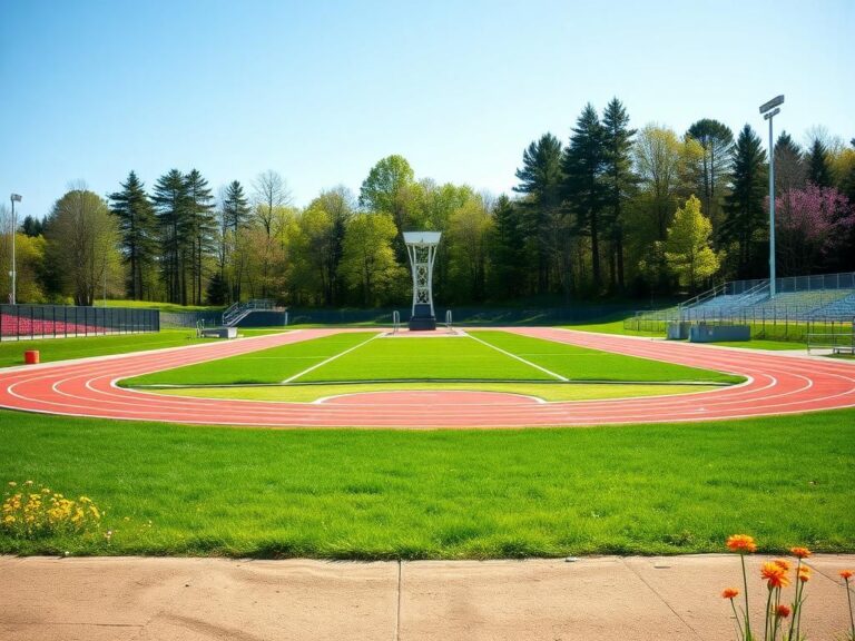 Flick International Serene outdoor track and field venue in Maine with vibrant flowers and empty competition areas