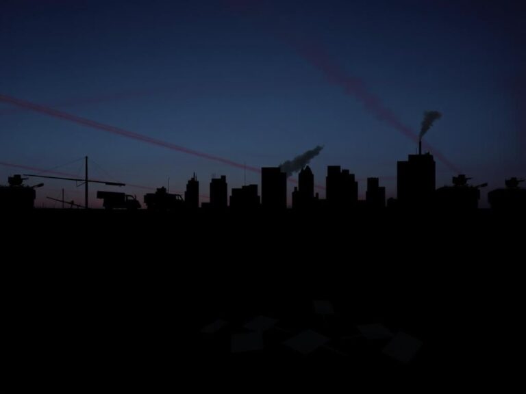 Flick International A somber urban skyline at dusk with silhouettes of military vehicles in the foreground