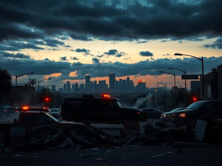 Flick International A tense urban landscape in Los Angeles at dusk showing police barricades and a National Guard vehicle after riots.