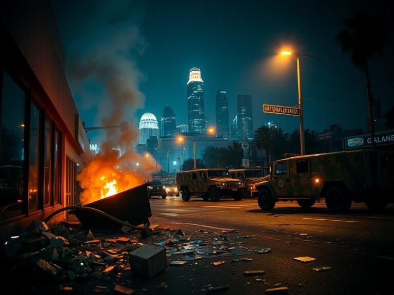 Flick International Dramatic nighttime scene in Los Angeles showcasing aftermath of protests and riots