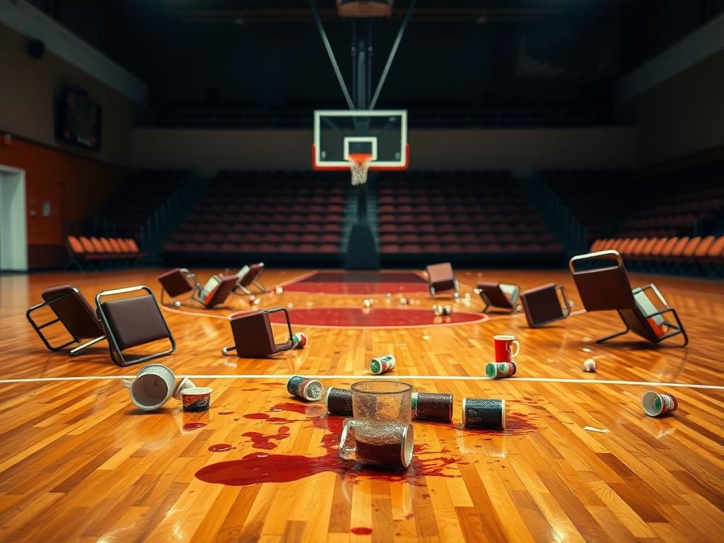 Flick International Chaotic basketball court scene after confrontation with fans