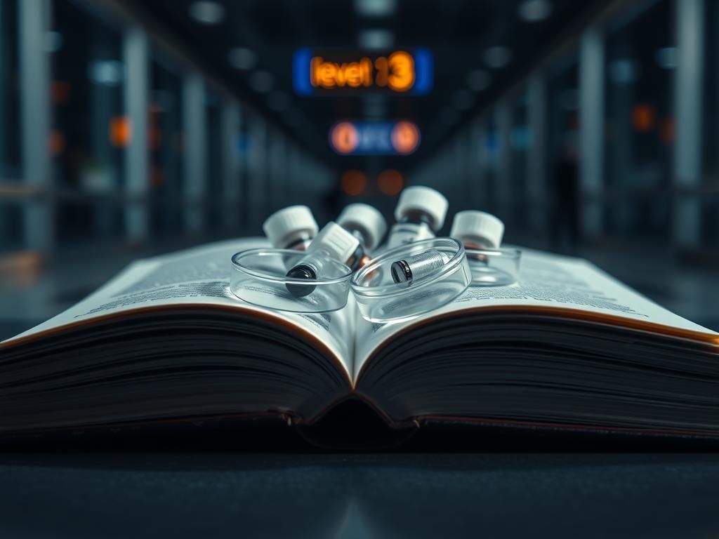 Flick International Close-up of an open book containing petri dishes and vials, symbolizing the smuggling of biological materials