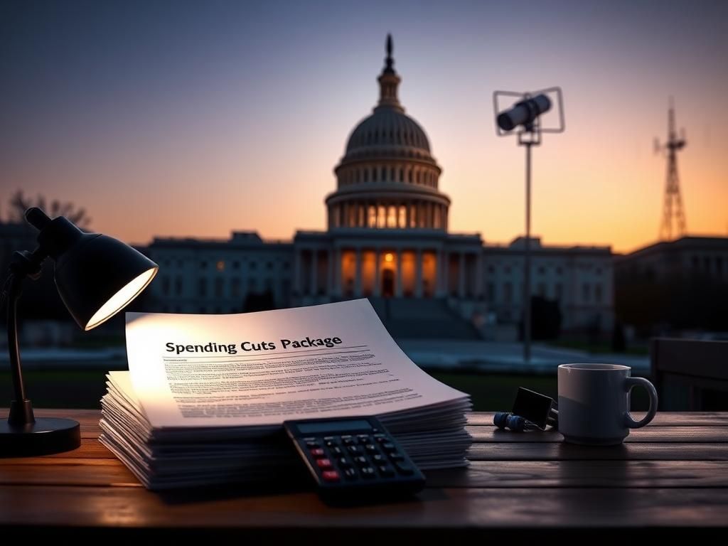 Flick International U.S. Capitol building at twilight with documents on spending cuts package