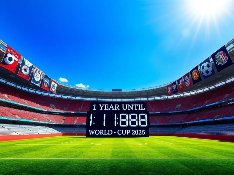 Flick International Empty soccer stadium under blue sky with countdown for World Cup 2026
