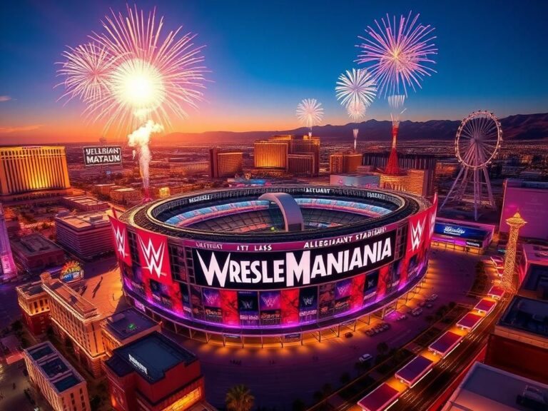 Flick International Aerial view of Allegiant Stadium in Las Vegas celebrating WrestleMania 42.