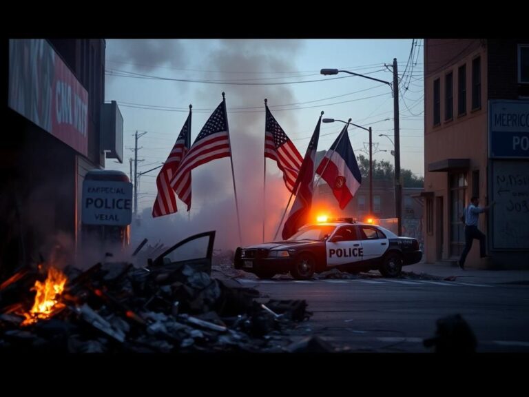 Flick International Chaotic urban scene after riots with smoldering debris and burned flags