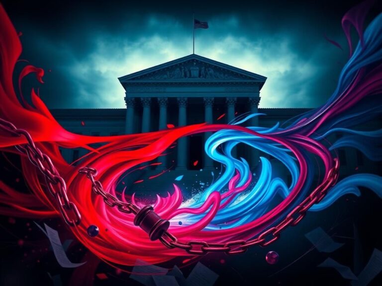 Flick International Abstract representation of justice with a courthouse facade and swirling political colors