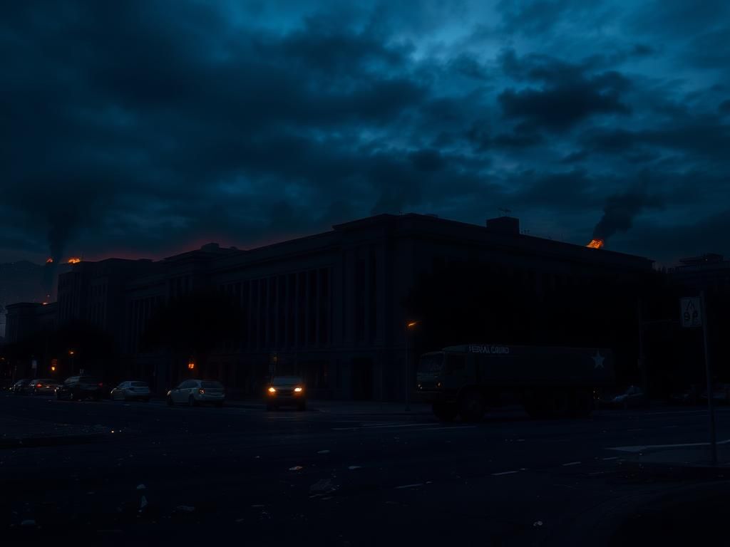 Flick International Nighttime view of a darkened Los Angeles street littered with debris after riots, featuring federal buildings and National Guard vehicles
