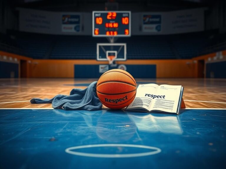 Flick International Dynamic basketball court scene with a resting basketball, sweat towels, and an open playbook highlighting 'respect'