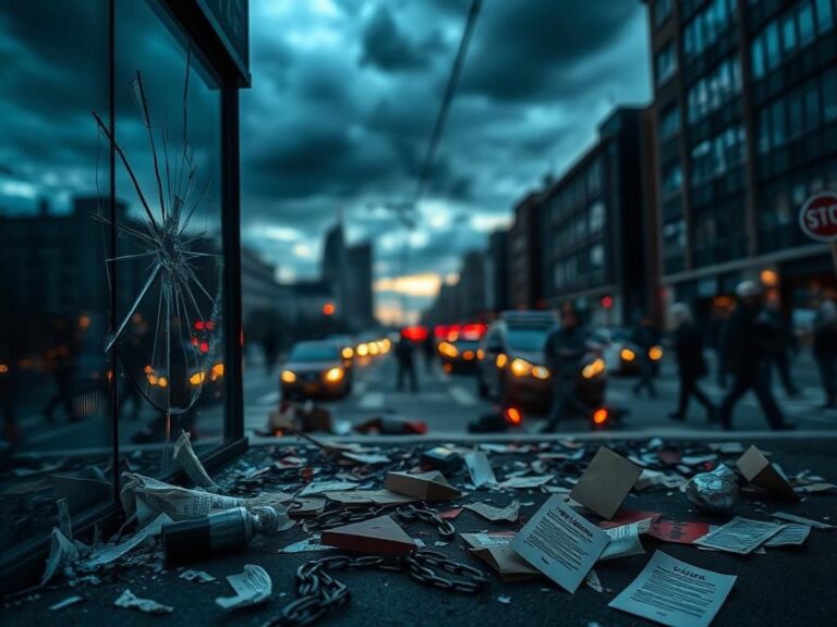 Flick International Shattered glass window symbolizing chaos and unrest during immigrant protests in Los Angeles