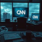 Flick International A dimly lit newsroom with an empty chair and scattered papers, symbolizing absence after Alex Marquardt's exit from CNN.