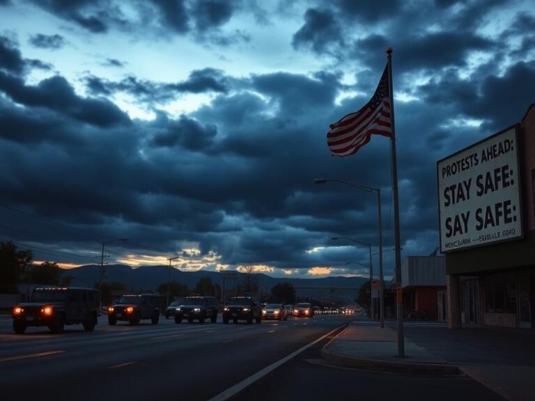Flick International Empty California street at dusk with National Guard vehicles ready for deployment