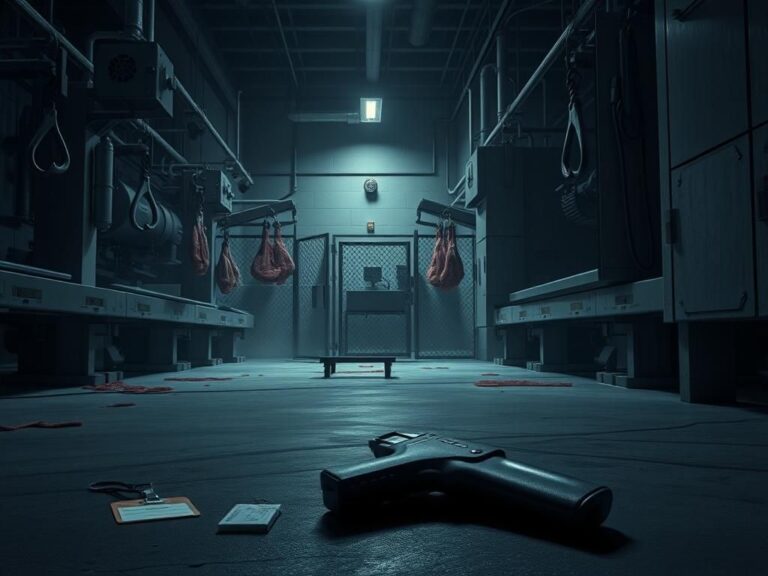 Flick International Dimly lit scene inside a meat processing plant showing machinery and discarded items after an ICE raid.
