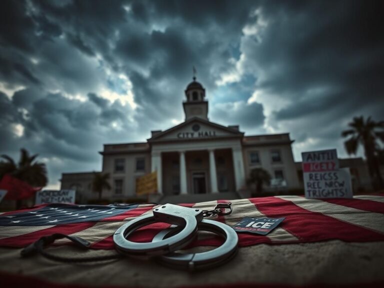 Flick International Handcuffs resting on a weathered American flag in front of Baldwin Park City Hall, symbolizing immigration tensions