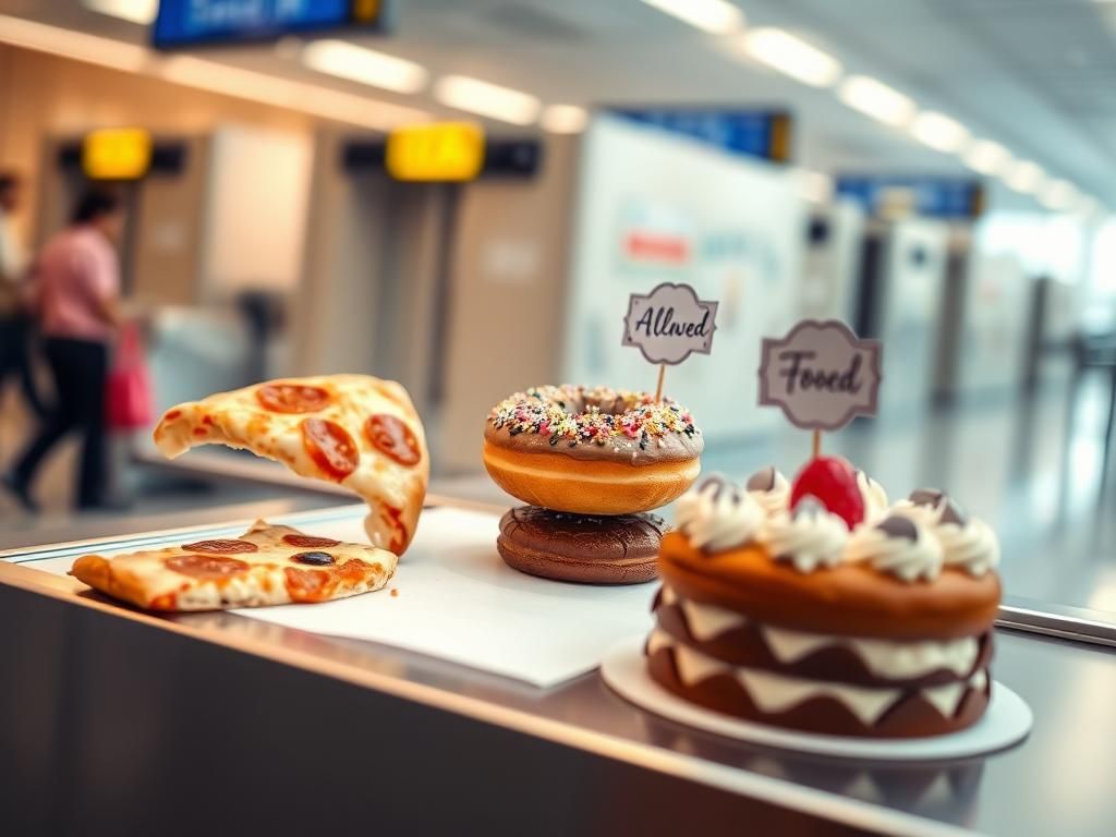 Flick International Vibrant airport scene featuring a half-eaten pizza slice, frosted donut with sprinkles, chocolate bar, and decorated cake on a check-in counter