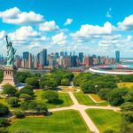 Flick International Panoramic view of Liberty State Park with NYC skyline and Statue of Liberty