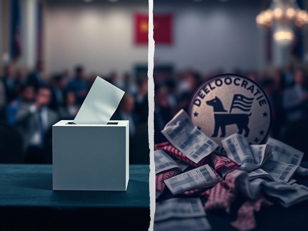 Flick International A split image showing an empty ballot box and a faded Democratic Party logo, symbolizing political discord.