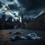 Flick International Somber urban landscape of a NYC protest site at dusk with empty protest signs and a crumpled Israeli flag.