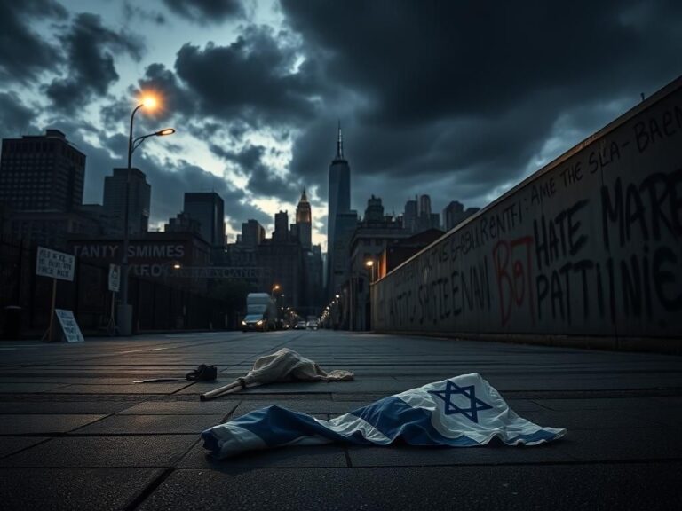 Flick International Somber urban landscape of a NYC protest site at dusk with empty protest signs and a crumpled Israeli flag.