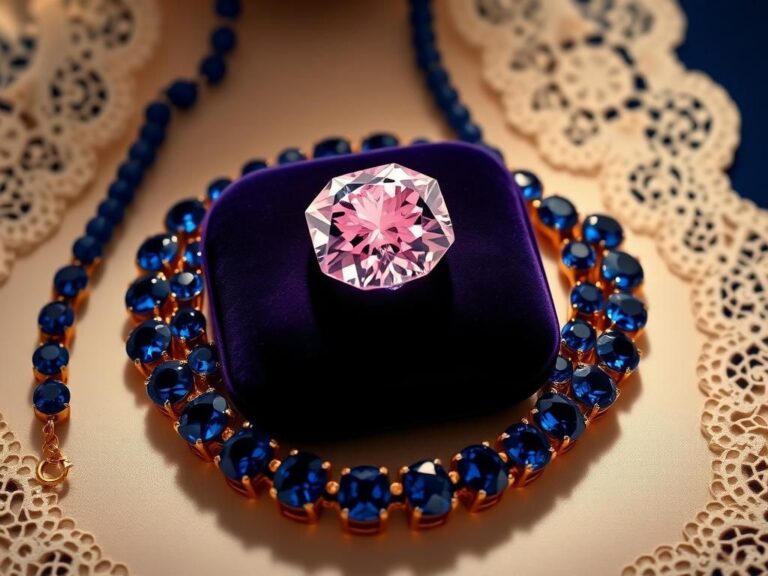 Flick International Stunning display of the Marie-Thérèse Pink Diamond and Blue Belle Sapphire on a dark velvet cushion