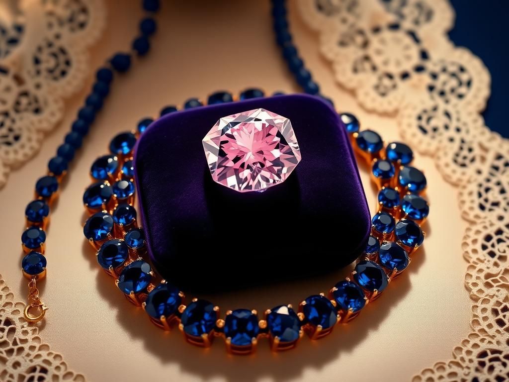 Flick International Stunning display of the Marie-Thérèse Pink Diamond and Blue Belle Sapphire on a dark velvet cushion