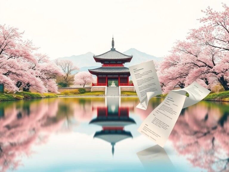 Flick International A serene Japanese temple surrounded by cherry blossoms reflecting in a calm pond, with abstract medical bills overlaid.