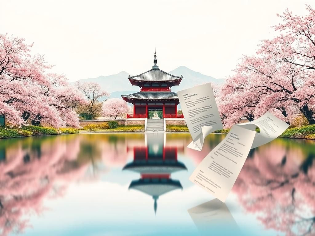 Flick International A serene Japanese temple surrounded by cherry blossoms reflecting in a calm pond, with abstract medical bills overlaid.