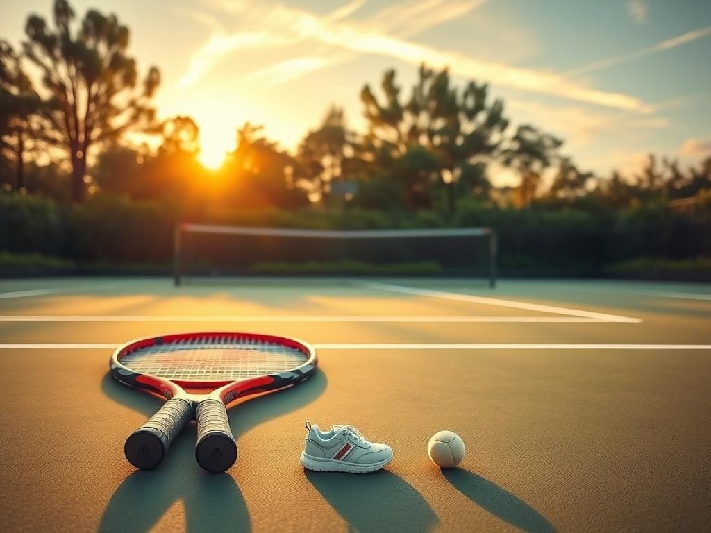 Flick International A serene tennis court during sunset with a tennis racket and baby shoe representing sports and motherhood