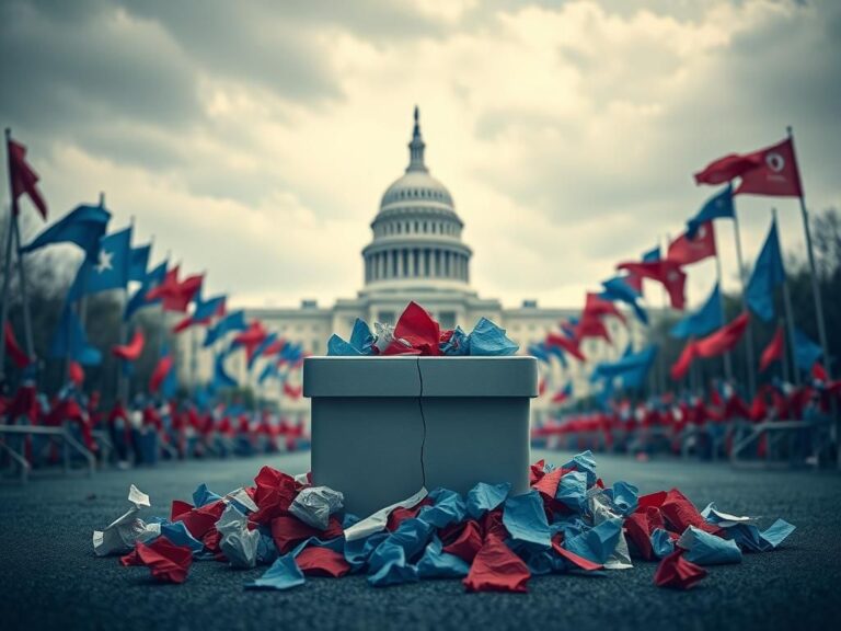 Flick International A large, cracked ballot box overflowing with crumpled papers at a muted political rally site