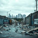 Flick International scene of unrest with shattered glass and anti-ICE sentiment in urban landscape
