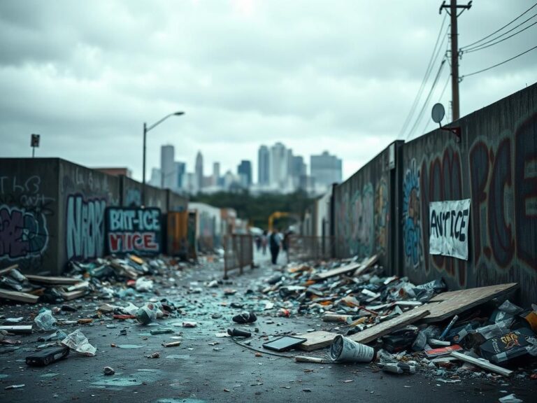Flick International scene of unrest with shattered glass and anti-ICE sentiment in urban landscape