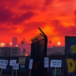 Flick International Vibrant urban landscape of Los Angeles with a smoky sunset and barbed-wire fence symbolizing tension over immigration issues