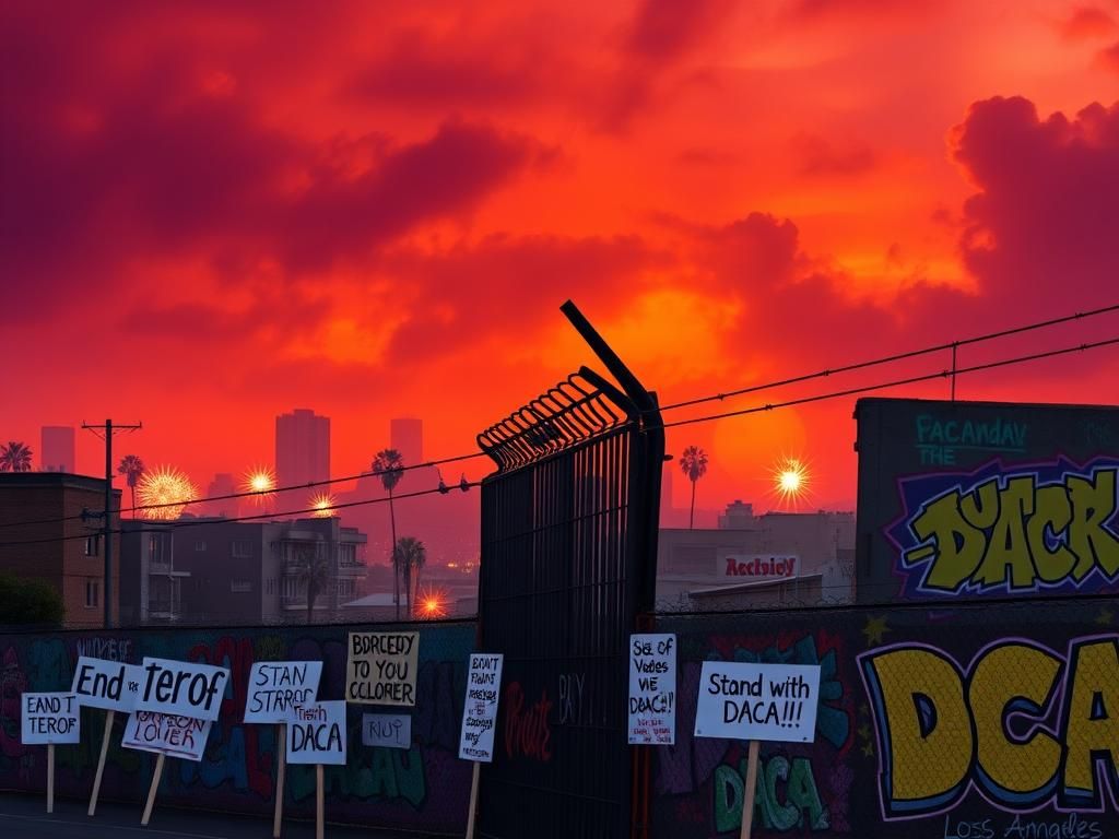 Flick International Vibrant urban landscape of Los Angeles with a smoky sunset and barbed-wire fence symbolizing tension over immigration issues
