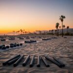 Flick International A serene military training field at Seal Beach during sunset with nonlethal training gear arranged in the foreground